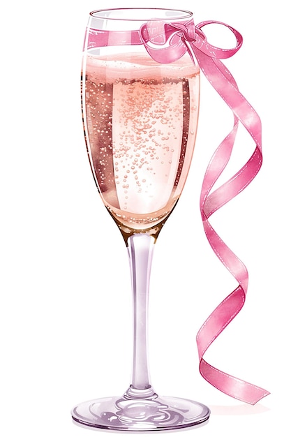 un verre de champagne rose avec un ruban rose et un ruban rouge