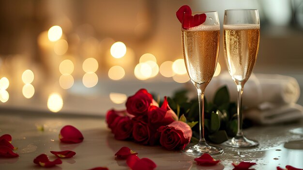 Un verre de champagne, des roses et des pétales, une date romantique pour la Saint-Valentin.