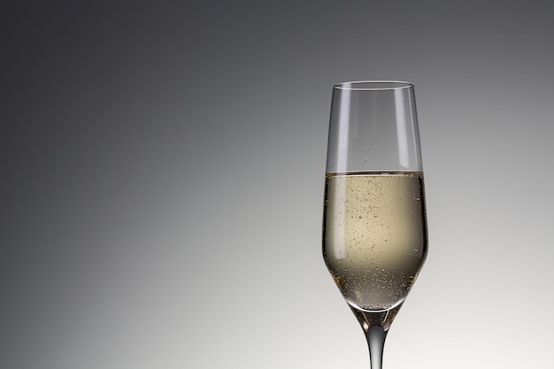 Verre de champagne unique sur fond dégradé. Pris en studio avec une marque 5D III.