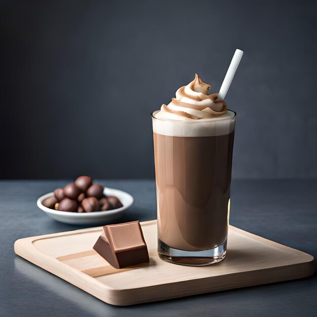 Un verre de chocolat avec une paille est sur un plateau avec un bol de chocolats dessus.