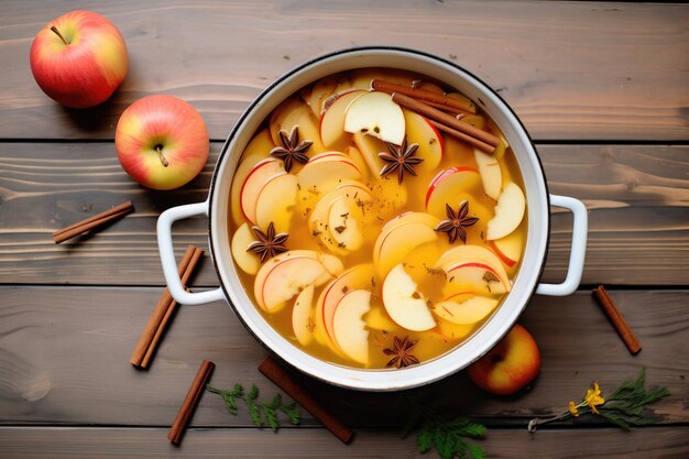 Photo un verre de cidre chaud avec des tranches de pommes et des épices entières.