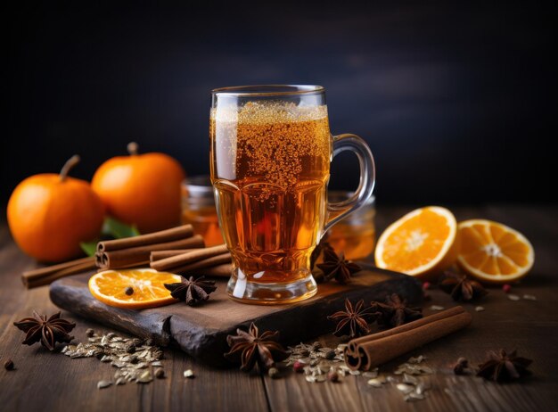 Un verre de cidre sur une table en bois avec des épices