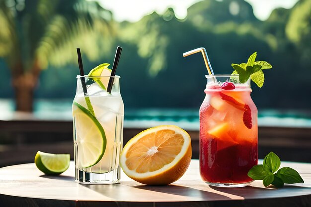 Un verre avec des citrons verts et des citrons verts sur une table