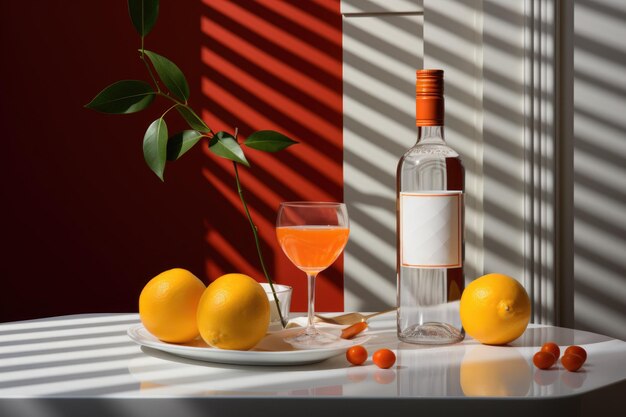 Photo un verre de cocktail alcoolique avec de l'orange sur une table blanche contre un mur orange minimalisme