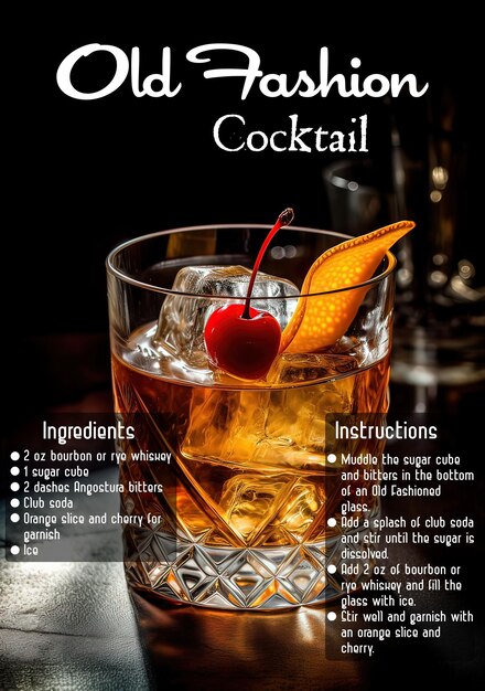 Photo verre de cocktail à l'ancienne avec une description de la recette. généré par l'ia.