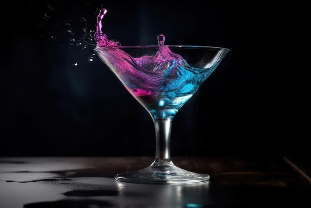 Un verre à cocktail bleu et rose dans lequel on verse une touche de liquide.