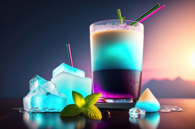 Un verre de cocktail bleu et violet avec des glaçons bleus