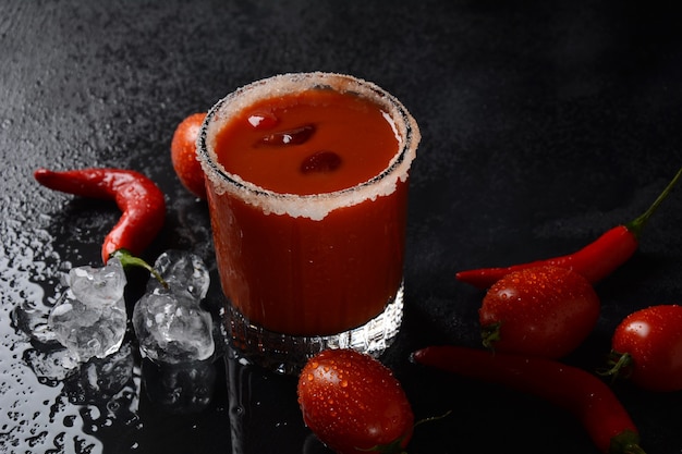 Un verre à cocktail "Bloody Merry" avec de la glace sur fond noir, le dessus du verre est décoré de sel