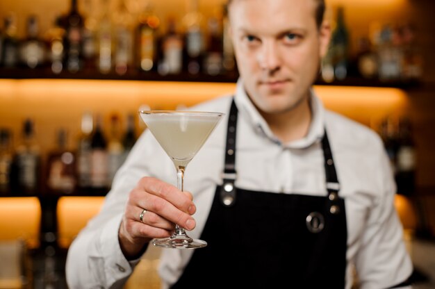 Verre à cocktail avec boisson alcoolisée fraîche à la main des barmans