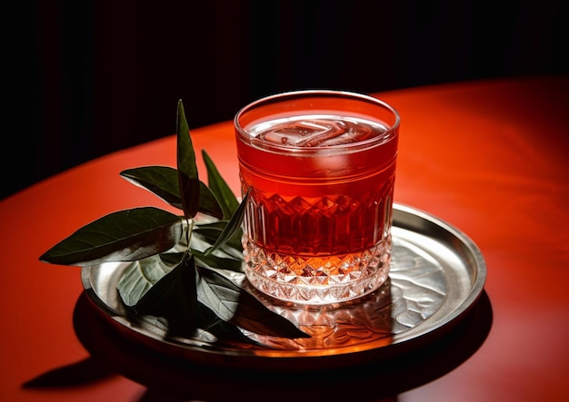 Un verre de cocktail campari amer avec de la glace sur une table ronde dans un bar.