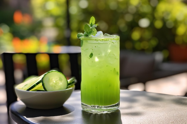 Un verre de cocktail de concombre est posé sur une table à côté d'un bol de concombre.