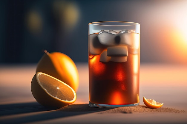 Un verre de cocktail cuba libre avec de la glace et des citrons sur une table