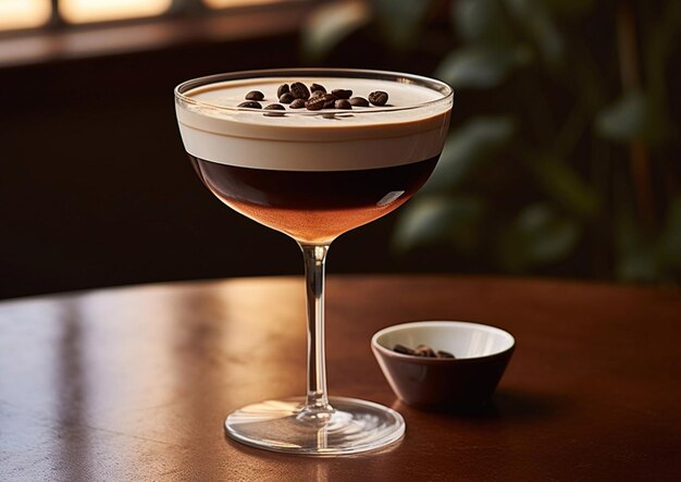 verre de cocktail Espresso Martini avec des grains de café sur une table de bar en boisAI Génératif