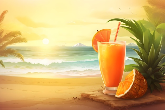 Un verre d'un cocktail frais sur une plage avec un coucher de soleil en arrière-plan