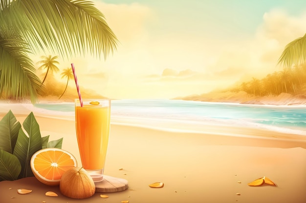 Un verre d'un cocktail frais sur une plage avec un palmier en arrière-plan