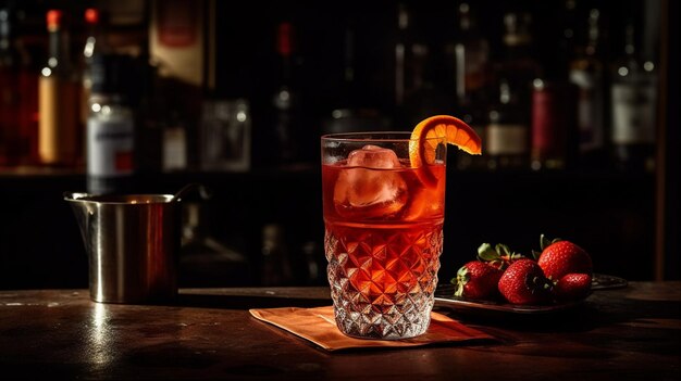 Un verre de cocktail avec une fraise sur la table