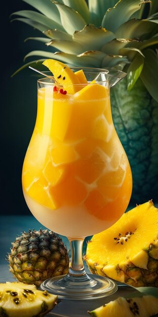 Un verre de cocktail de jus de fruits tropicaux avec un mélange de mangue d'ananas et de fruit de la passion