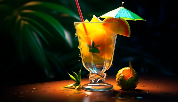 Photo un verre de cocktail à la mangue avec un chapeau de paille et un parapluie