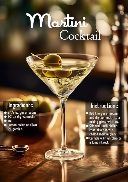 Un verre de cocktail Martini avec une description de recette.