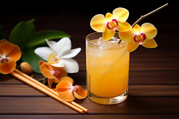 Photo un verre de cocktail d'orange avec de la paille et de l'orchidée