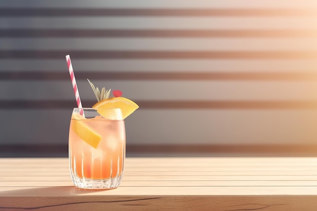 Un verre de cocktail avec une paille et une paille sur une table en bois.
