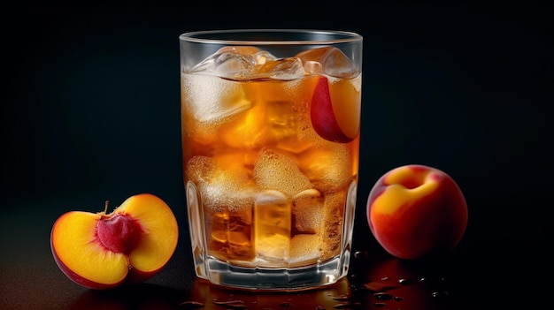 Un verre de cocktail de pêche avec de la glace et des pêches sur fond noir.