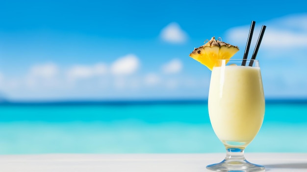 Un verre avec un cocktail de pina colada sur une plage de sable blanc