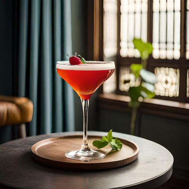 Un verre de cocktail rouge avec une cerise sur le dessus.