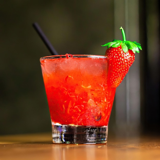 Un verre de cocktail rouge avec une fraise sur le dessus.