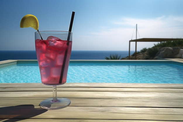 Un verre de cocktail rouge avec un quartier de citron sur le bord de la piscine.