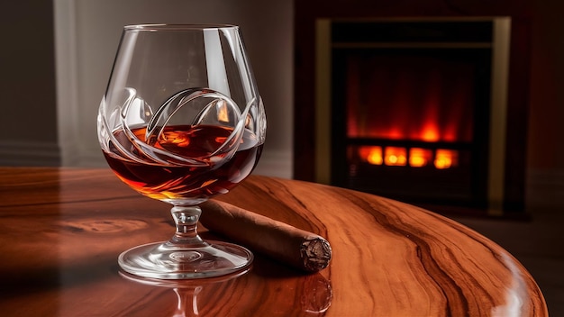 Photo un verre de cognac et un cigare sur une table en bois.