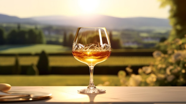 Verre de cognac dans un hôtel en arrière-plan de la nature concept alcoolisé boisson chère