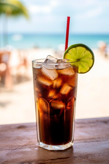 Photo un verre de cola froid sur le fond de la mer