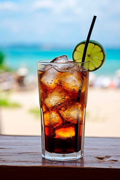 un verre de cola froid sur le fond de la mer