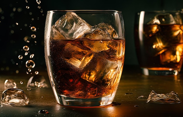 Verre de cola avec des glaçons sur fond noir