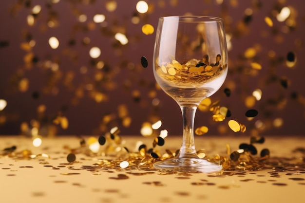 Verre avec des confettis sur fond d'or