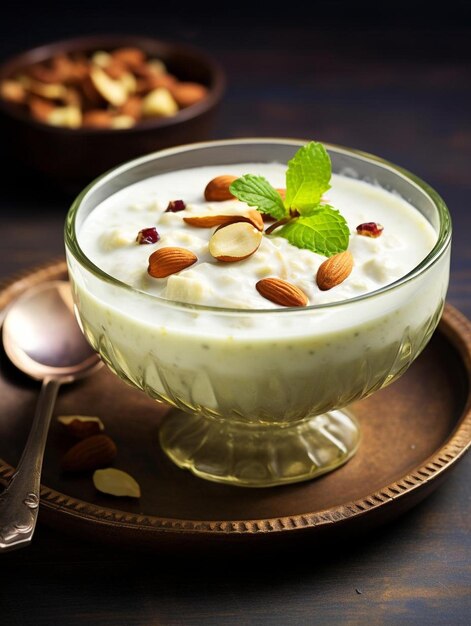 Photo un verre de crème avec des amandes dessus