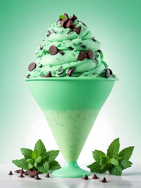 Un verre de crème glacée avec des chips de chocolat et des feuilles de menthe générées par l'IA