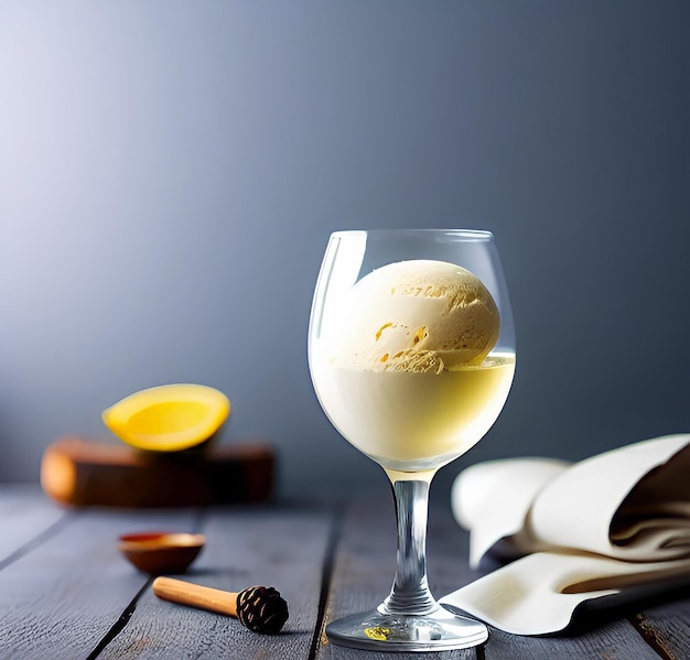 Un verre de crème glacée est posé sur une table avec une cuillère à côté.