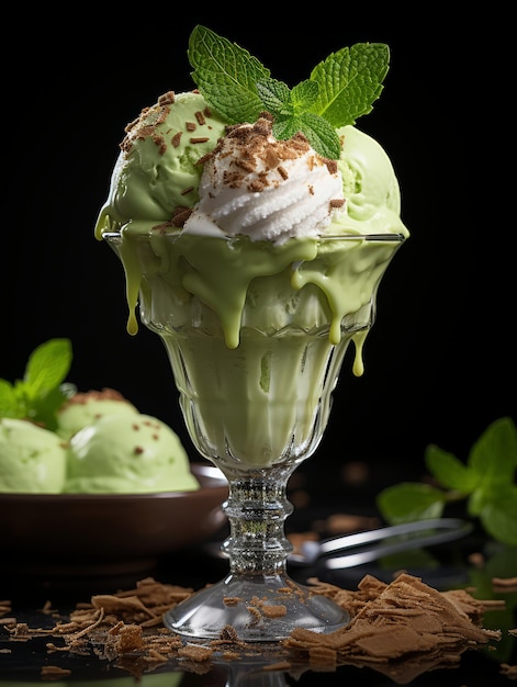 Photo un verre de crème glacée avec des feuilles de menthe