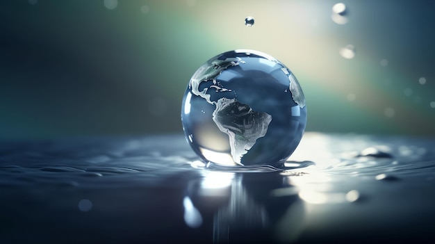 Le verre de cristal du globe terrestre se reflète sur une table bleue brillante Commerce et économie mondiaux