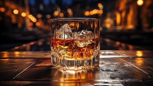 Un verre de cristal de whisky avec de la glace sur une table en bois dans un café Thème de loisirs