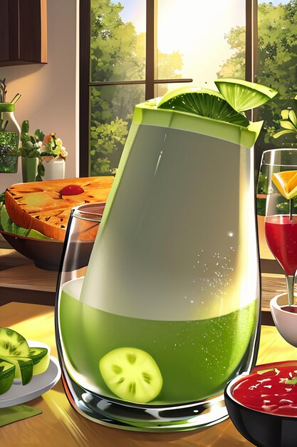 Un verre de délicieuse boisson de kiwi vert sur la table de la cuisine