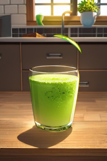 Un verre de délicieuse boisson de kiwi vert sur la table de la cuisine