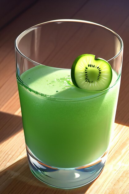 Un verre de délicieuse boisson de kiwi vert sur la table de la cuisine