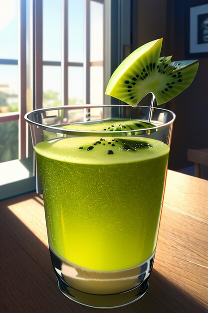 Un verre de délicieuse boisson de kiwi vert sur la table de la cuisine