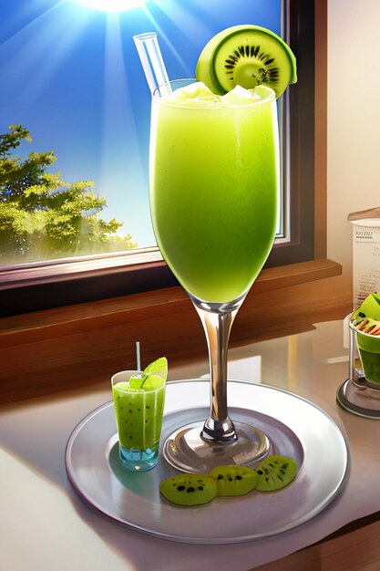 Un verre de délicieuse boisson de kiwi vert sur la table de la cuisine