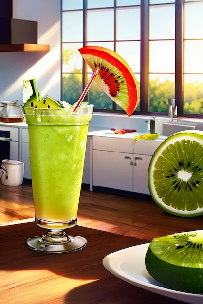 Un verre de délicieuse boisson de kiwi vert sur la table de la cuisine
