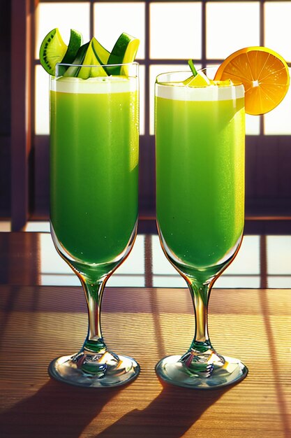 Un verre de délicieuse boisson de kiwi vert sur la table de la cuisine