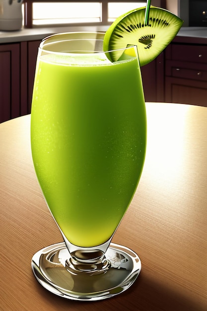 Un verre de délicieuse boisson de kiwi vert sur la table de la cuisine